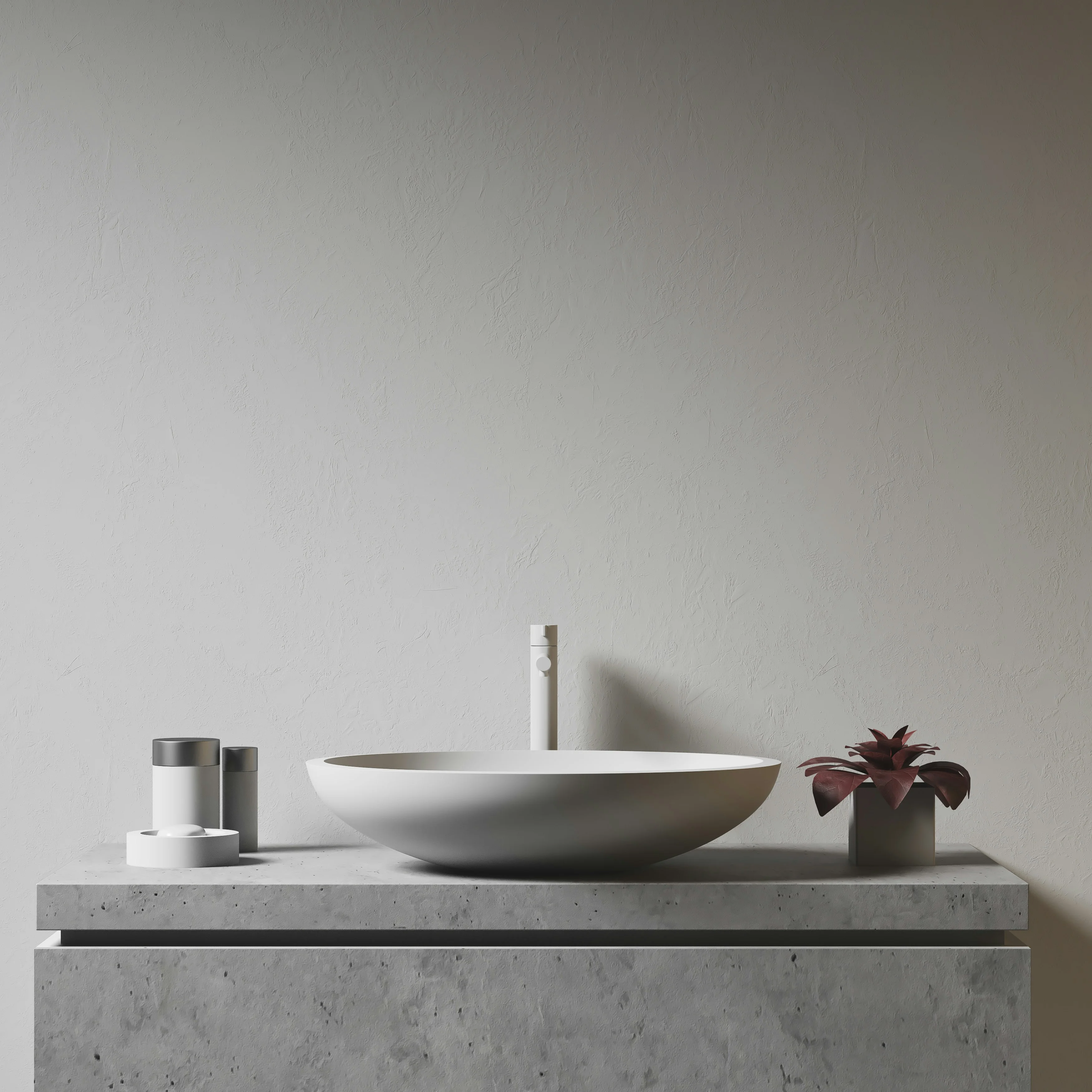Lavabo vasque blanc moderne sur comptoir en béton avec robinet minimaliste